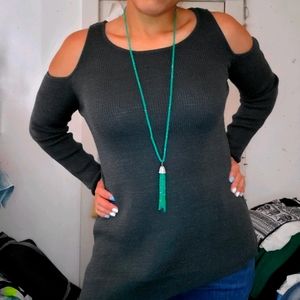 Shimmery forest green asymmetric shoulder sweater